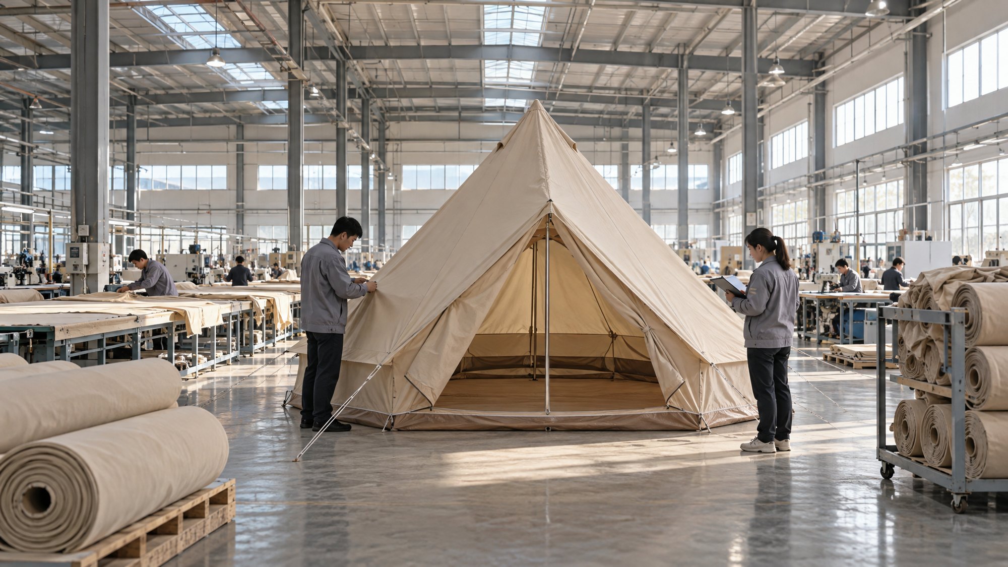 Tent sewing floor with industrial machines and canvas panels