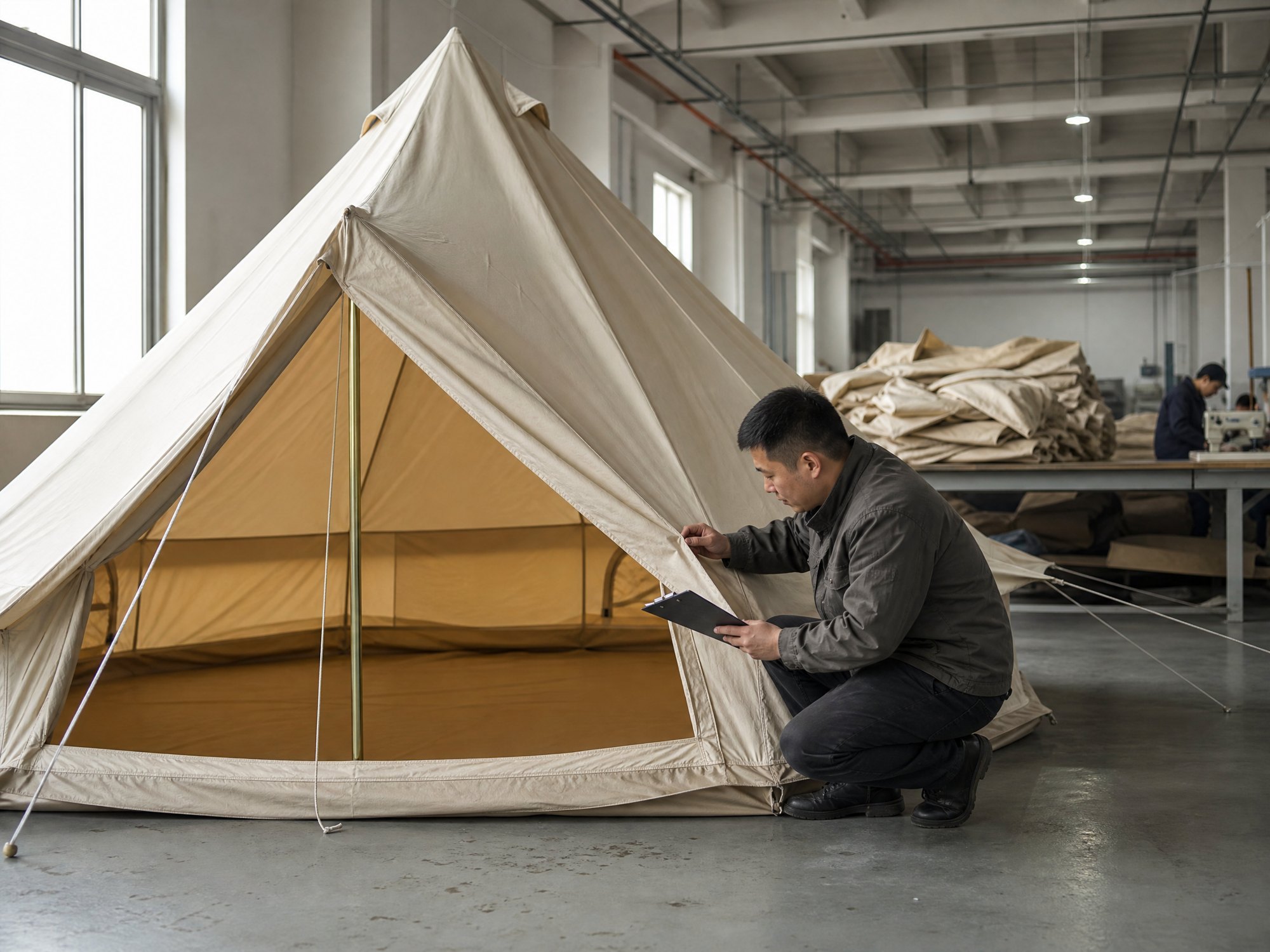 Inspector checking seams on a finished canvas tent