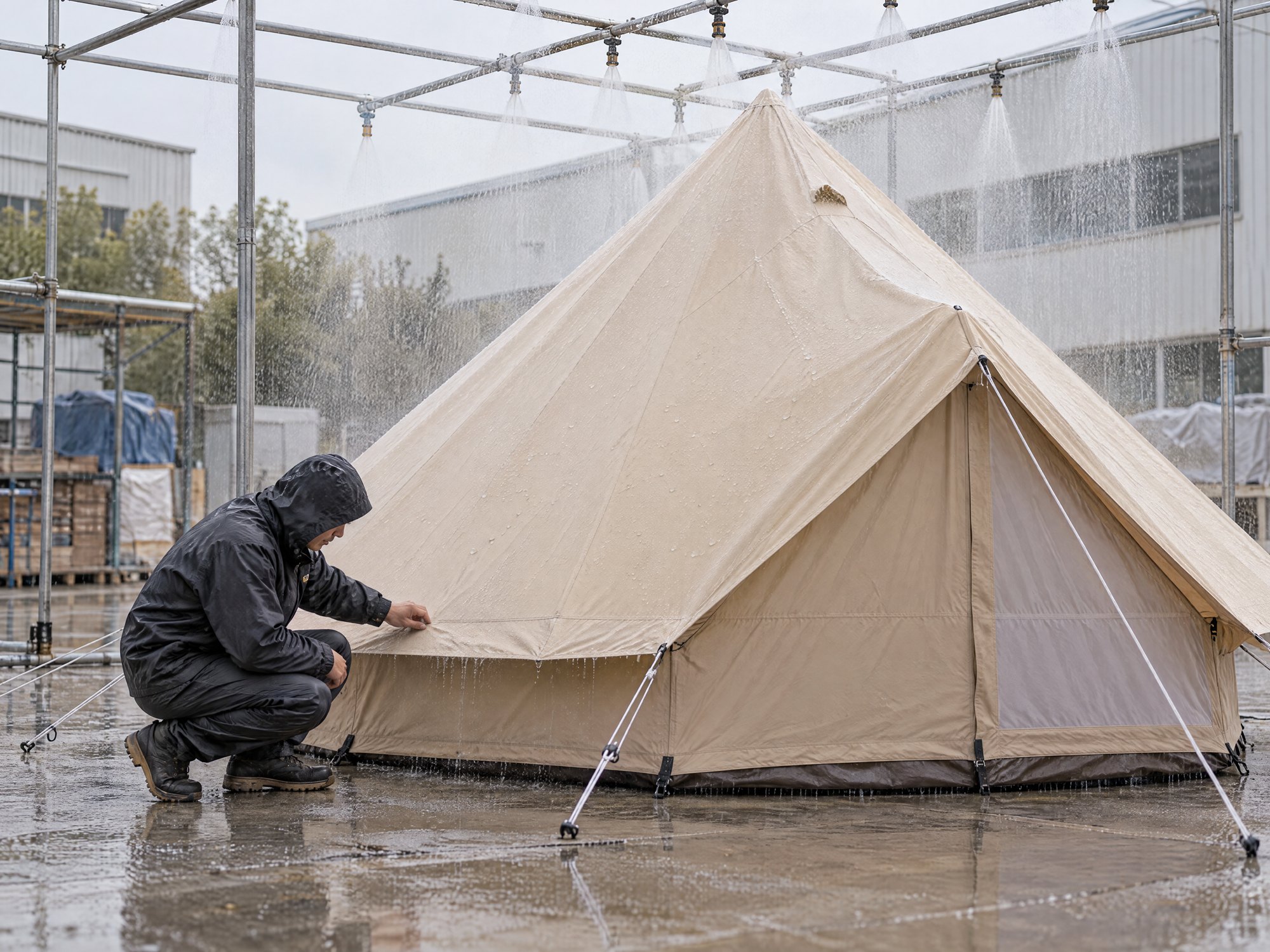 Tent under water spray test